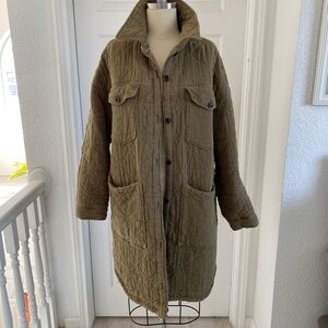 Avec Les Filles Olive Green Quilted Shacket Cotton Gauze Coat